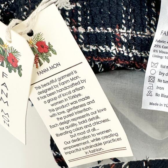 FANM MON Tweed Tartan Plaid Embroidered Square Neck Peplum Top XS NWT - Picture 6 of 9